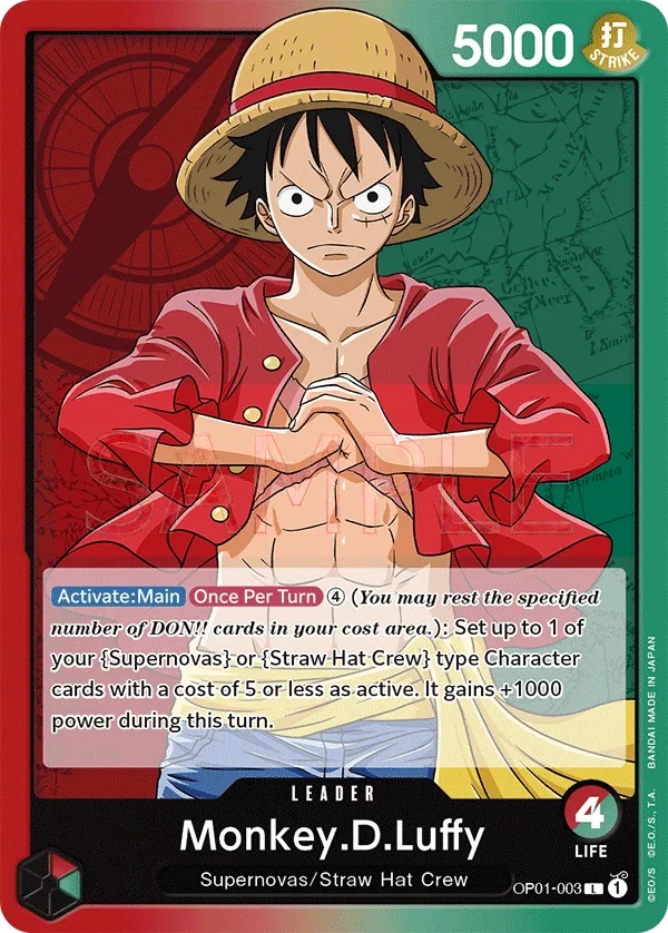 Monkey.D.Luffy, One Piece Card Game set Romance Dawn, kaart OP01-003, L